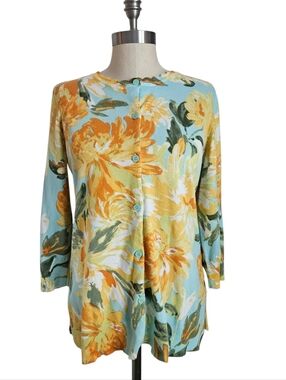 ISAAC MIZRAHI Sky Blue Floral Scalloped Crew Neck Cardigan Sweater | SZ S